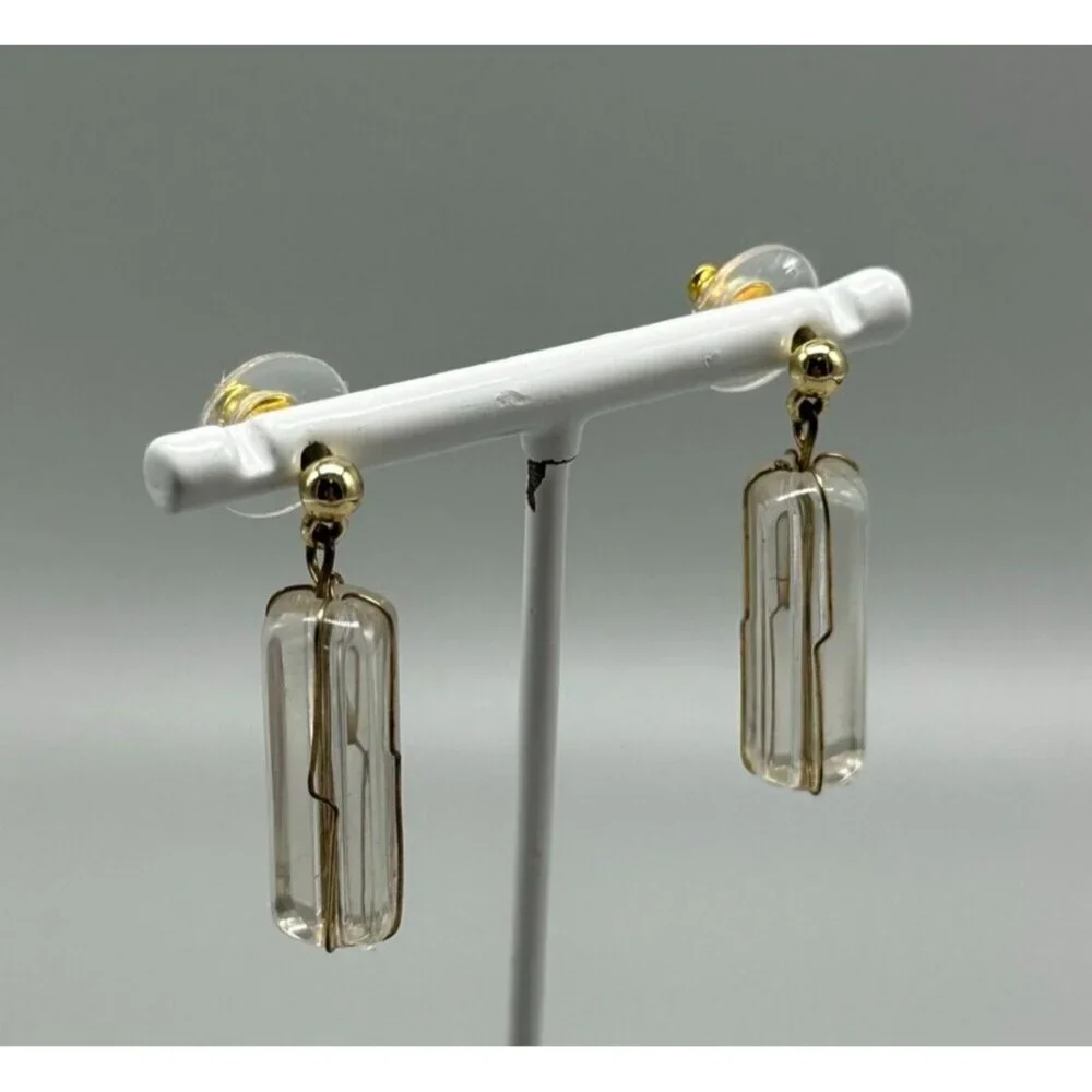 3/$30 Vintage Clear Earrings Gold Tone Acrylic Pillar Dangle Mod Retro 1.25